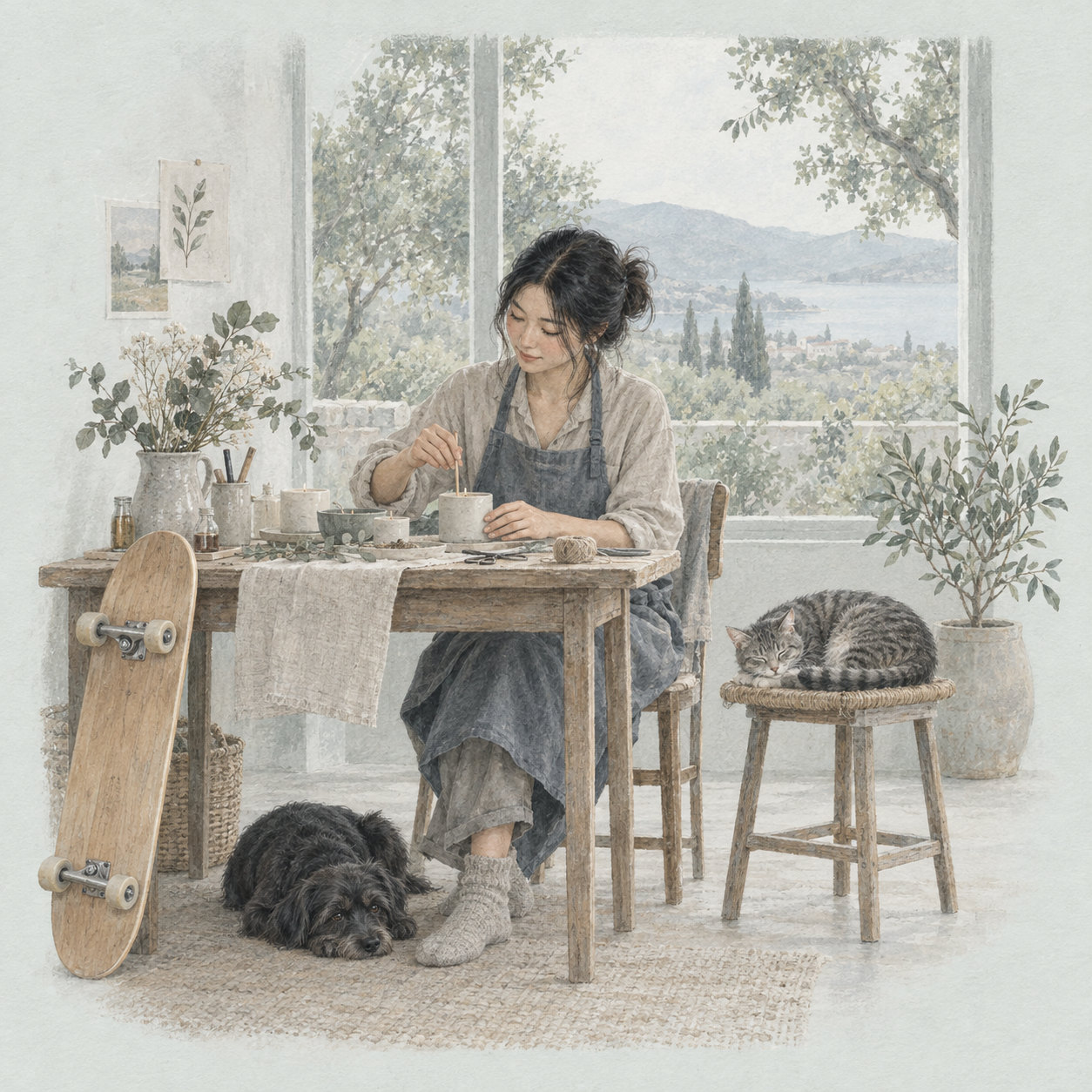 柔和灰藍綠色插畫:女孩在窗邊手作蠟燭,滑板靠在桌旁,貓與狗安靜陪伴,窗外是一片綠意與遠山。